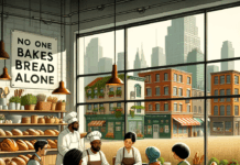 A modern cozy urban bakery, people of diverse backgrounds and professions sit together at a large table, collaboratively deciding which bread to bake, papers and sketches about breadmaking in front of them. Outside the window: a vibrant community kitchen, local market, cooperative bakery, green rooftop apartment buildings, and a shared farm field. The scene feels warm, inclusive, and democratic; on the wall, a sign says 'No one bakes bread alone.' Contemporary illustration, semi-realistic, warm earthy tones.