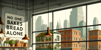 A modern cozy urban bakery, people of diverse backgrounds and professions sit together at a large table, collaboratively deciding which bread to bake, papers and sketches about breadmaking in front of them. Outside the window: a vibrant community kitchen, local market, cooperative bakery, green rooftop apartment buildings, and a shared farm field. The scene feels warm, inclusive, and democratic; on the wall, a sign says 'No one bakes bread alone.' Contemporary illustration, semi-realistic, warm earthy tones.