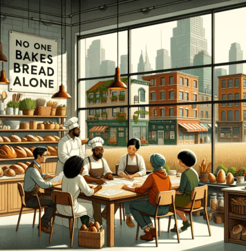 A modern cozy urban bakery, people of diverse backgrounds and professions sit together at a large table, collaboratively deciding which bread to bake, papers and sketches about breadmaking in front of them. Outside the window: a vibrant community kitchen, local market, cooperative bakery, green rooftop apartment buildings, and a shared farm field. The scene feels warm, inclusive, and democratic; on the wall, a sign says 'No one bakes bread alone.' Contemporary illustration, semi-realistic, warm earthy tones.