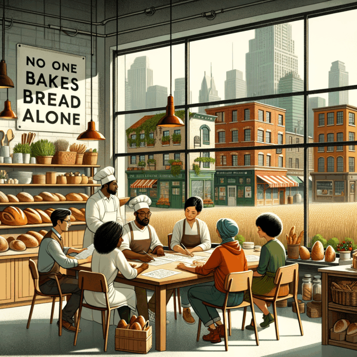 A modern cozy urban bakery, people of diverse backgrounds and professions sit together at a large table, collaboratively deciding which bread to bake, papers and sketches about breadmaking in front of them. Outside the window: a vibrant community kitchen, local market, cooperative bakery, green rooftop apartment buildings, and a shared farm field. The scene feels warm, inclusive, and democratic; on the wall, a sign says 'No one bakes bread alone.' Contemporary illustration, semi-realistic, warm earthy tones.